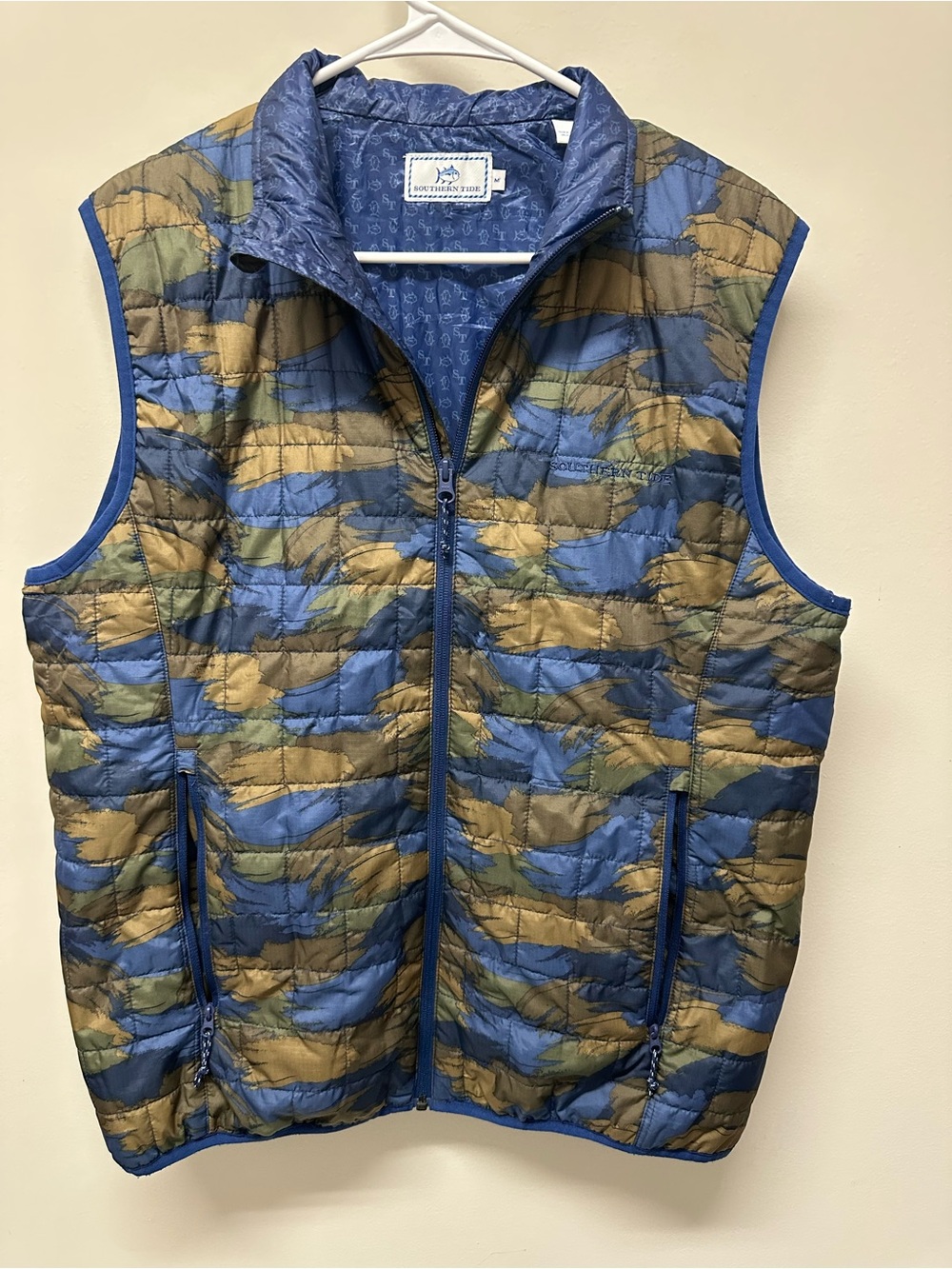 Southern Tide Blue and Olive Quilted Camouflage Puffer Vest